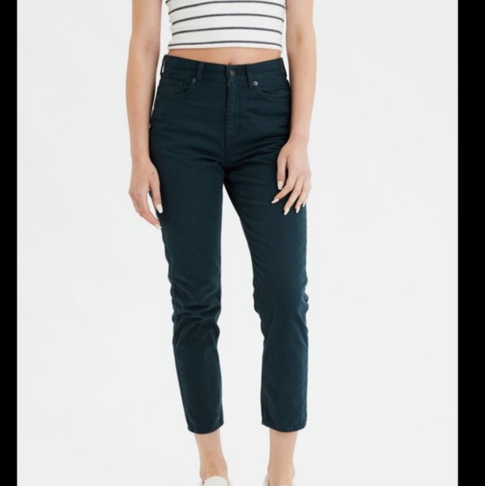 AE mom jeans, high waist, pine color